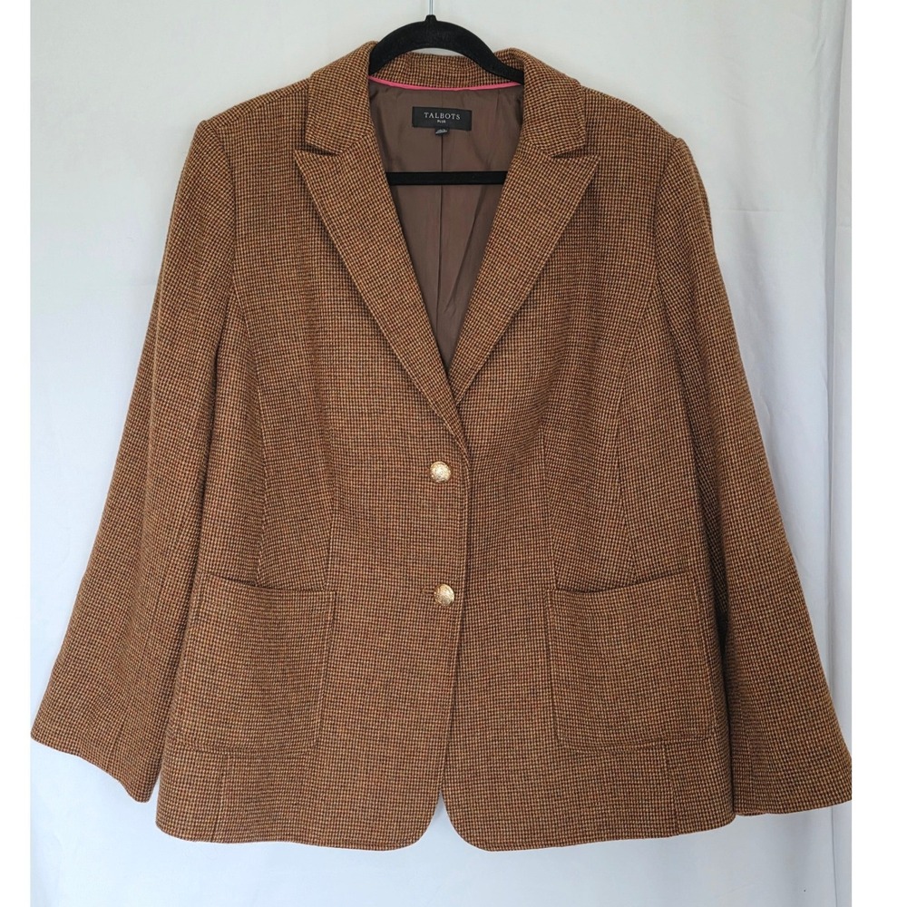 Talbots Plus Houndstooth Wool Blend Blazer Gold Buttons 18W Pockets Brown Jacket